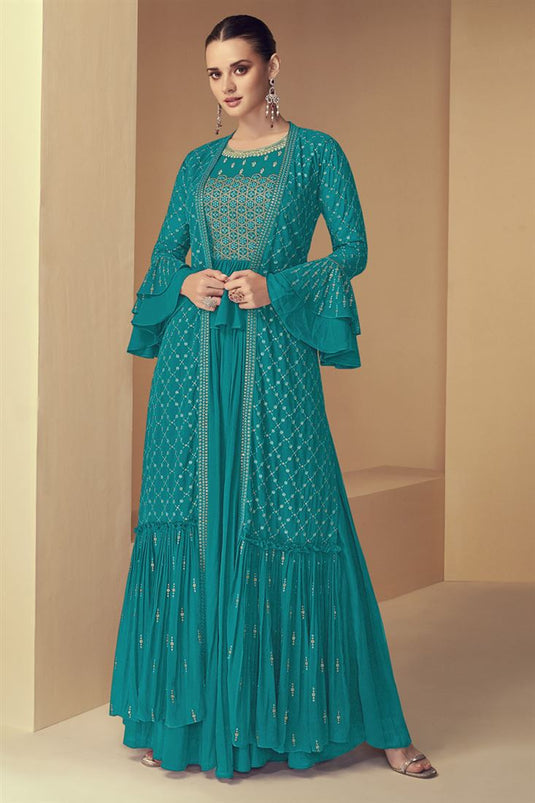 Eugeniya Belousova Alluring Georgette Fabric Cyan Color Palazzo Suit