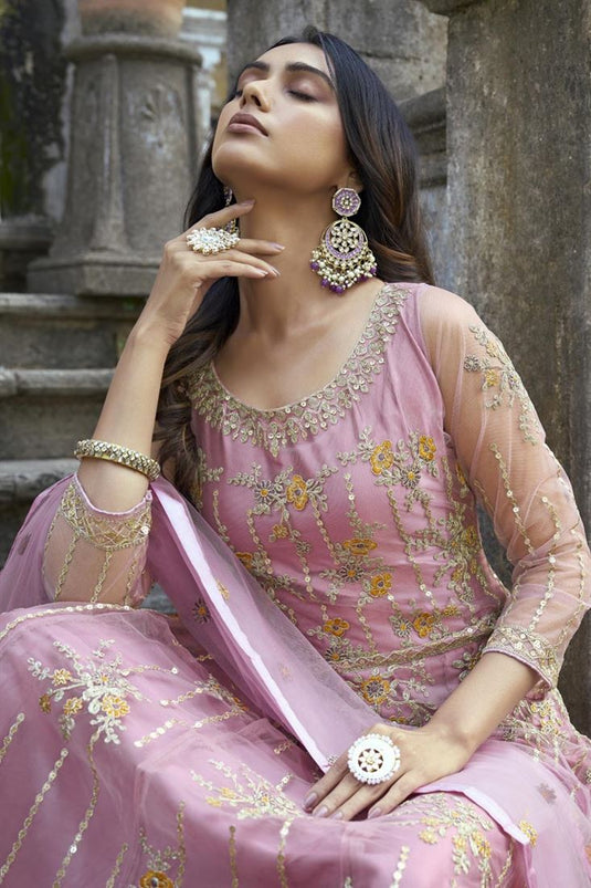 Fascinating Pink Color Net Fabric Function Style Anarklai Suit