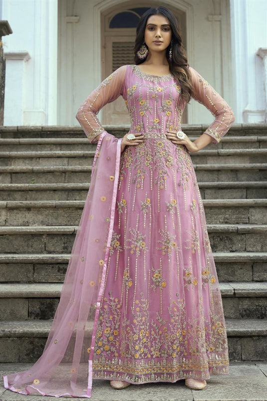 Fascinating Pink Color Net Fabric Function Style Anarklai Suit