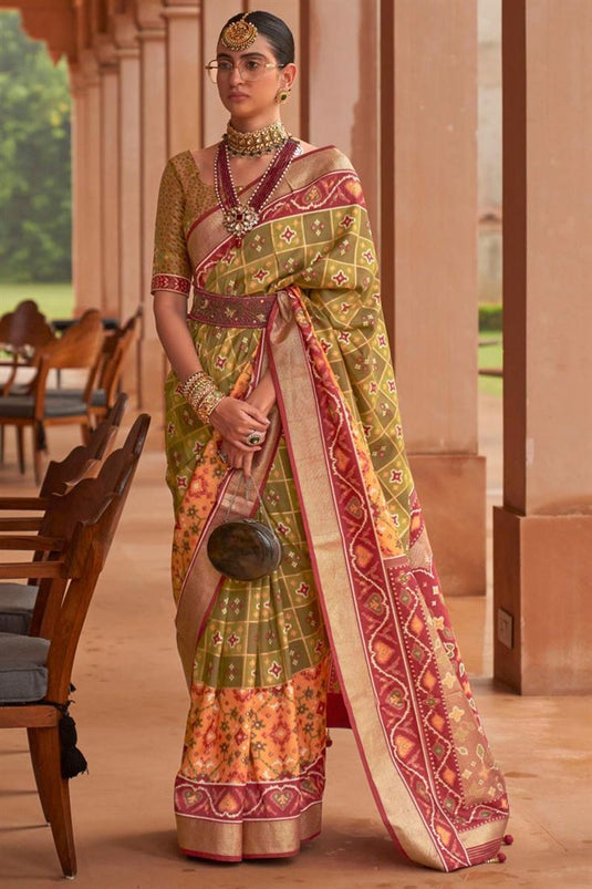 Olive Color Patola Silk Engaging Saree In Function Wear