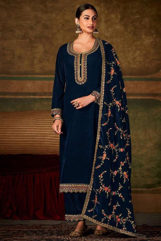 Riveting Velvet Fabric Function Wear Salwar Suit In Blue Color