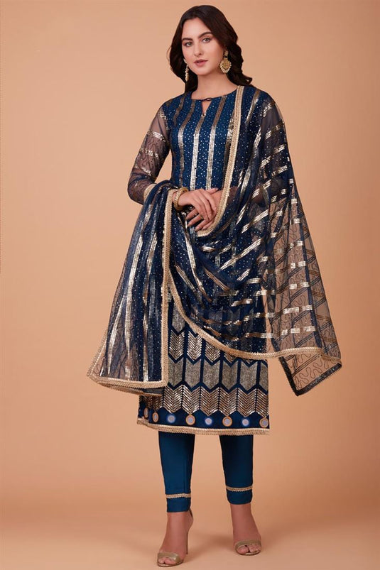 Blue Color Net Fabric Tempting Function Style Salwar Suit