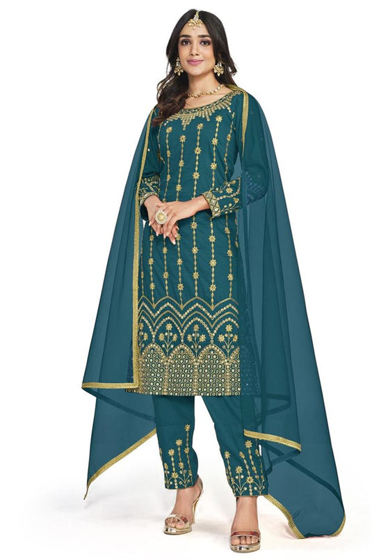 Teal Color Festive Look Intriguing Art Silk Fabric Salwar Suit