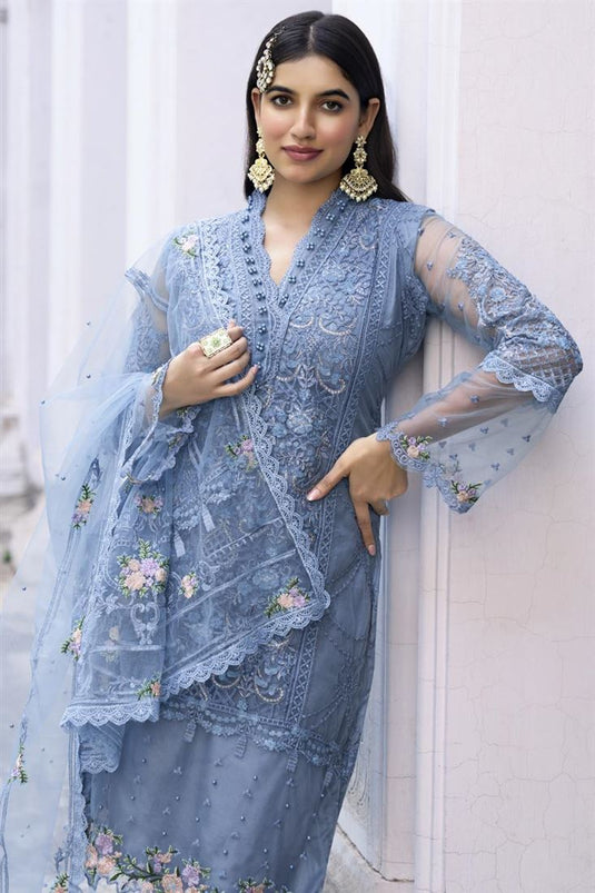 Party Wear Light Cyan Color Net Fabric Fascinating Salwar Suit