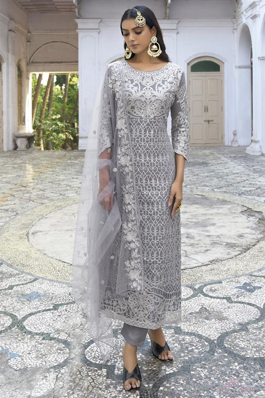 Grey Color Georgette Fabric Vintage Party Wear Salwar Suit