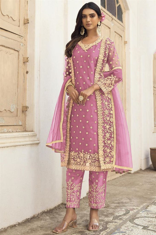 Awesome Net Fabric Pink Color Party Style Salwar Suit