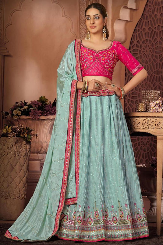 Glorious Function Wear Light Cyan Sequins Work Chinon Fabric Lehenga