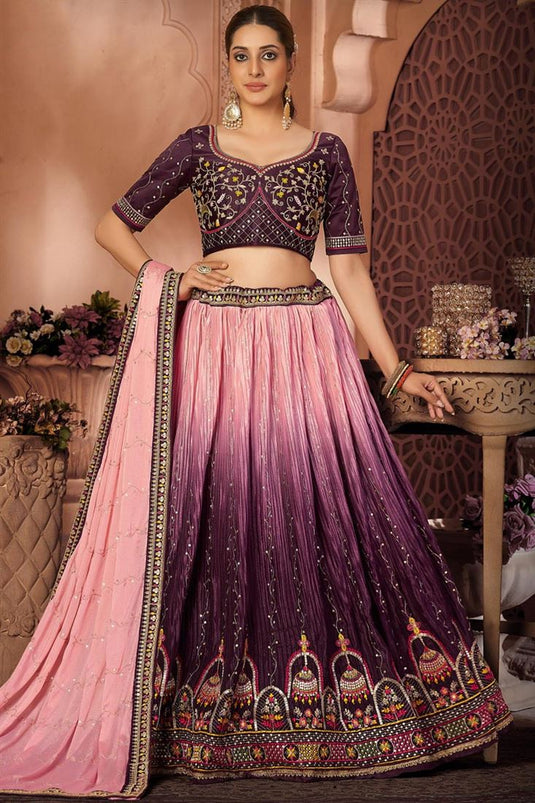 Attractive Function Wear Peach Sequins Work Chinon Fabric Lehenga