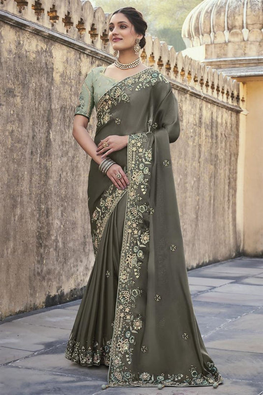 Grey Color Function Wear Silk Fabric Charismatic Embroidered Saree