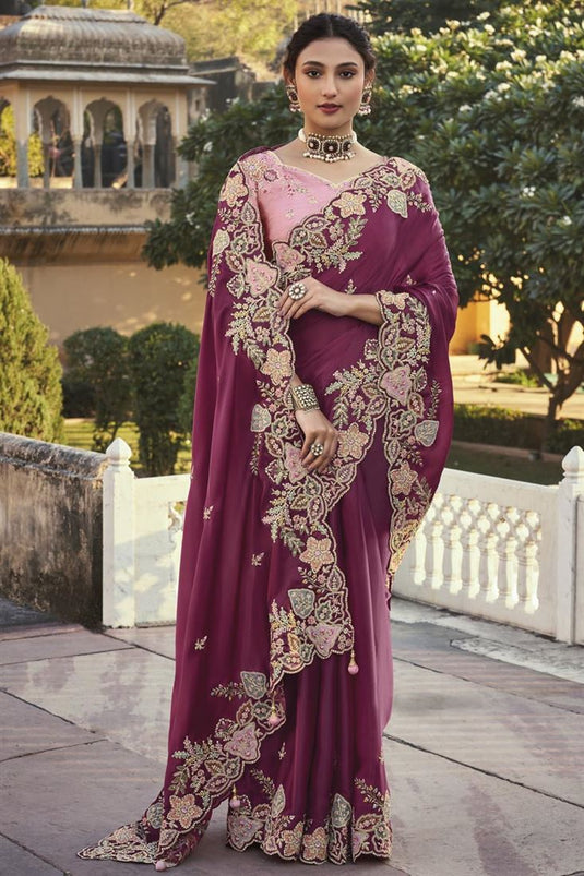 Burgundy Color Embroidery Border Work Art Silk Fabric Lovely Saree