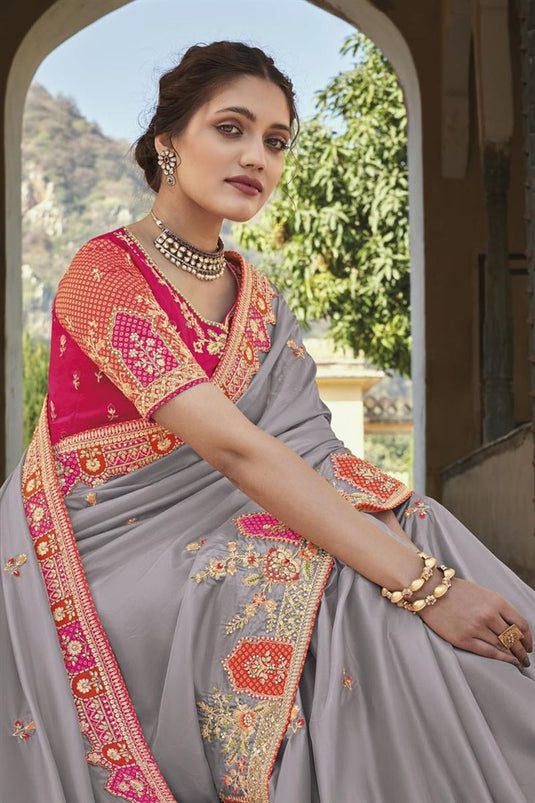 Silk Fabric Function Wear Vivacious Embroidered Saree In Grey Color