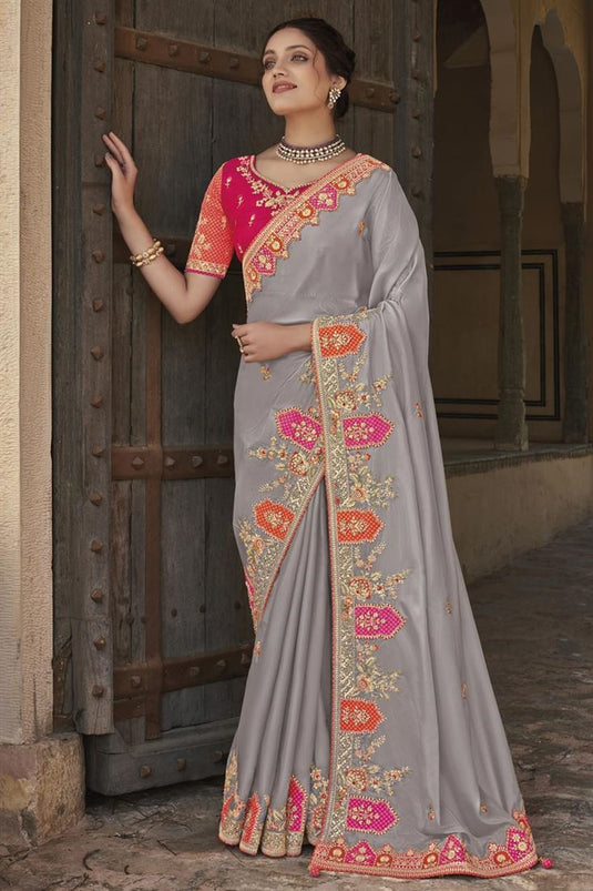 Silk Fabric Function Wear Vivacious Embroidered Saree In Grey Color