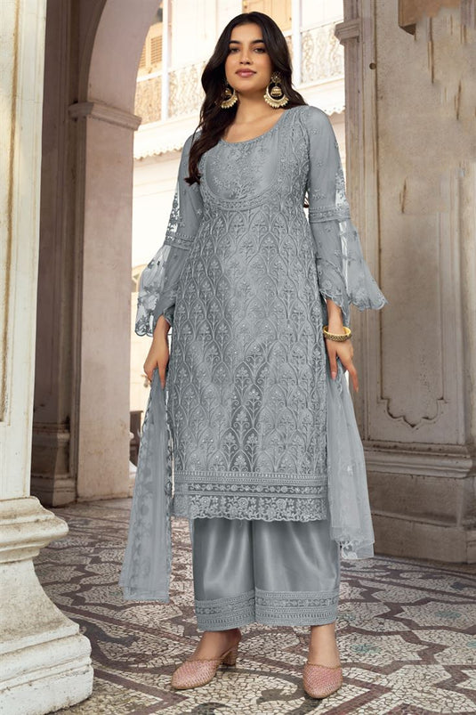 Grey Color Net Fabric Alluring Function Style Palazzo Suit