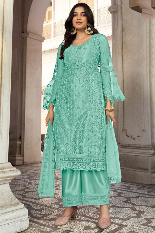 Sea Green Color Net Fabric Function Style Vintage Palazzo Suit