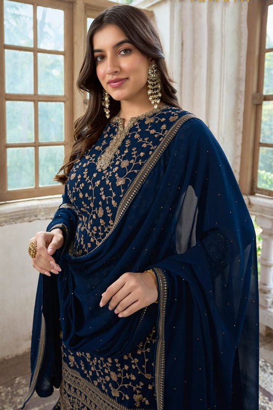 Georgette Fabric Embroidered Beatific Palazzo Suit In Blue Color
