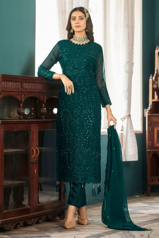 Dark Green Color Georgette Fabric Lovely Function Wear Salwar Suit