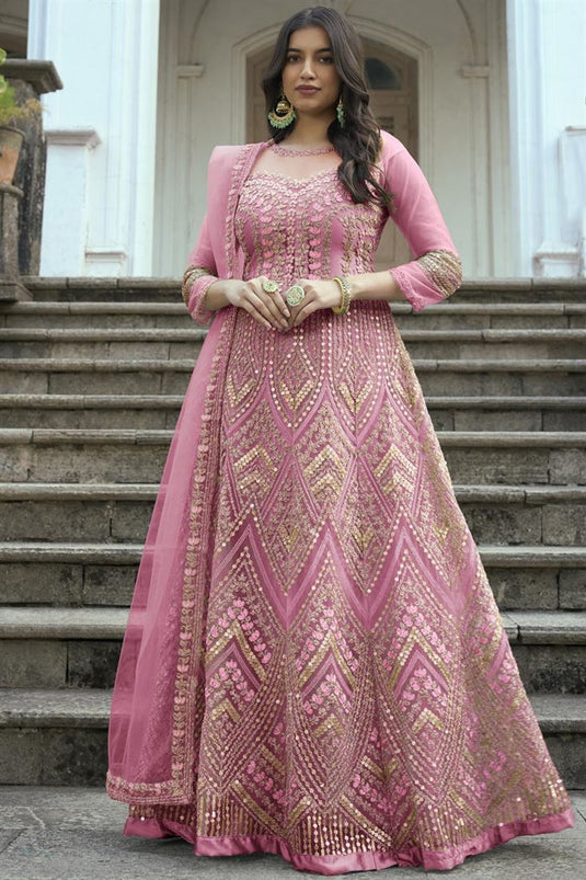 Tempting Pink Color Embroidered Net Anarkali Suit