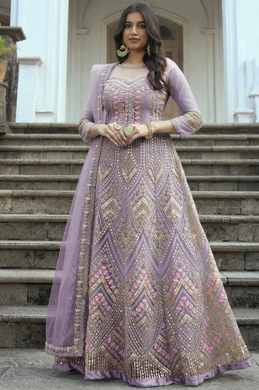 Classic Lavender Color Embroidered Net Anarkali Suit