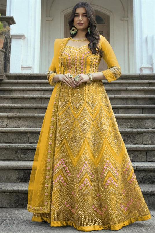 Mustard Color Embroidered Winsome Net Anarkali Suit
