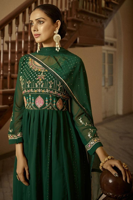 Radiant Dark Green Color Sequins Work Georgette Anarkali Suit