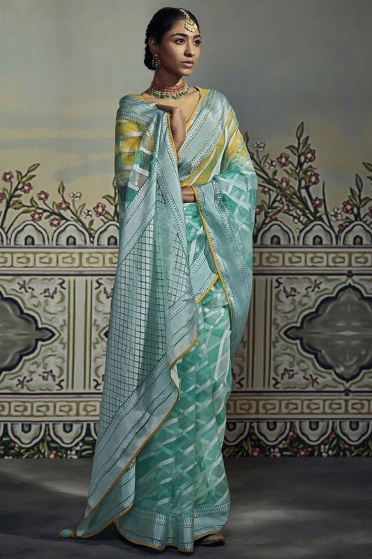 Sky Blue Organza Saree With Embroidery Work Blouse