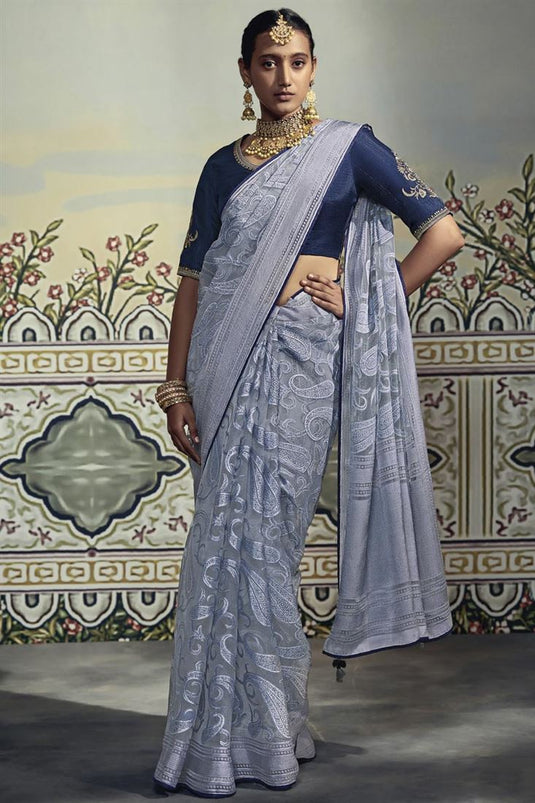 Sky Blue Organza Saree With Embroidery Work Blouse