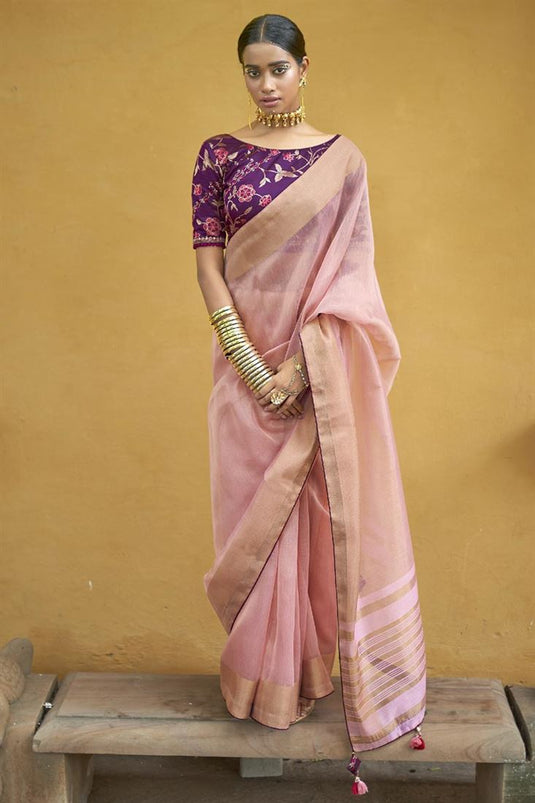 Exclusive Pink Color Saree In Organza Fabric