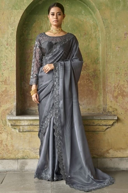 Elegant Dark Grey Satin Fabric Party Saree