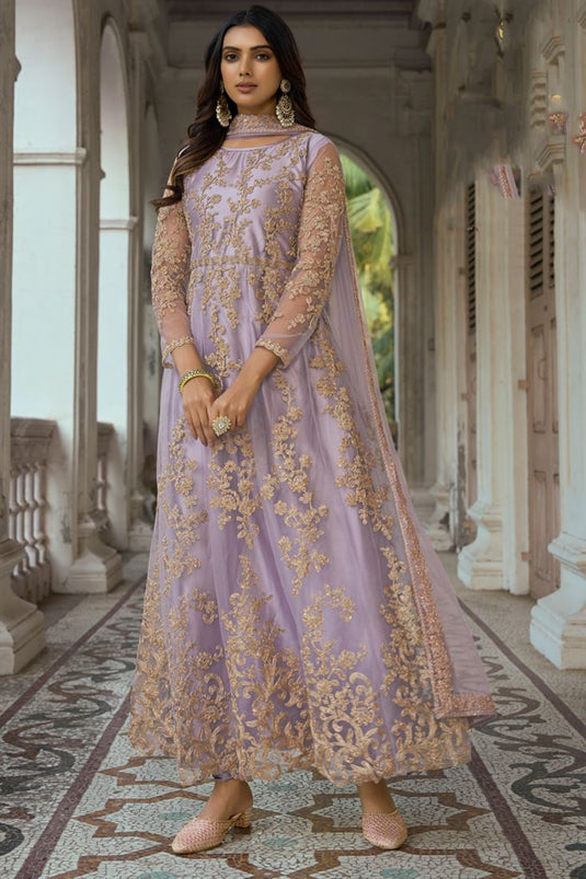 Purple Dori Embroidered Net Anarkali Suit