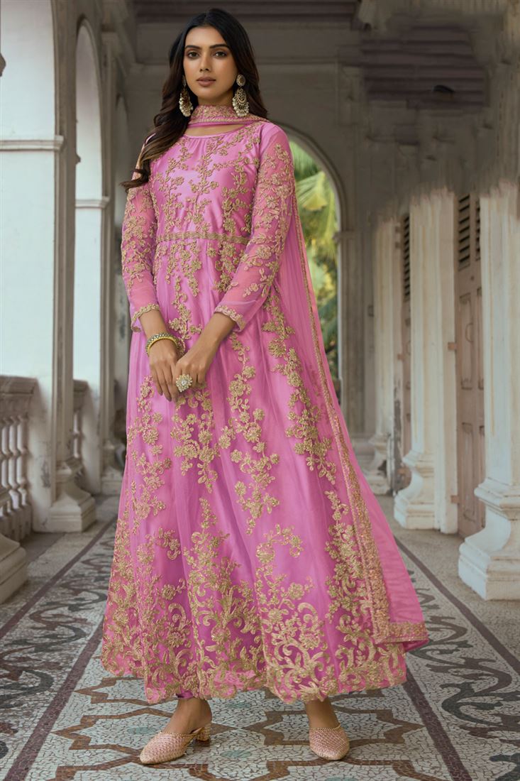Rani Pink Colour Silk Cotton Anarkali Suit Set – Just Salwars