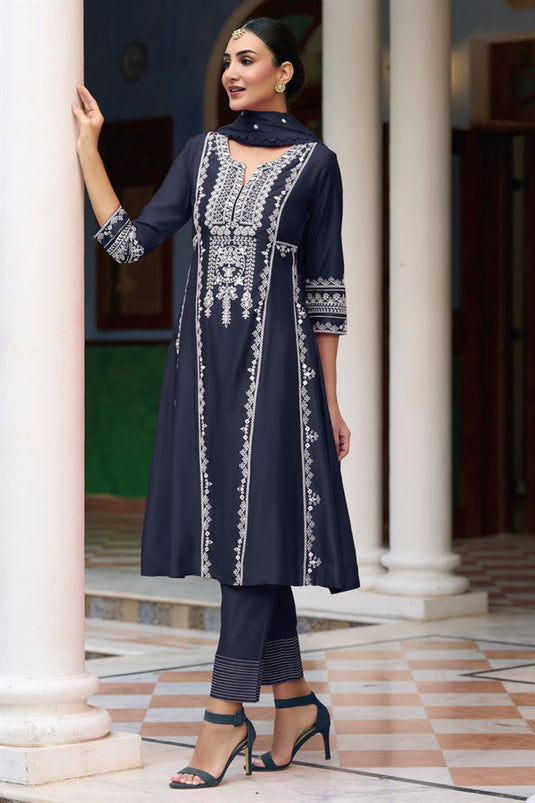 Embroidered Art Silk Function Wear Salwar Suit In Navy Blue
