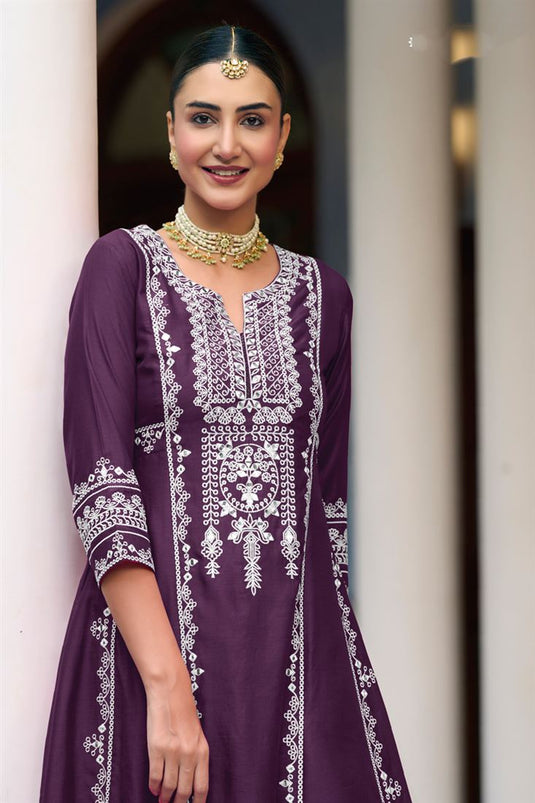 Embroidered Function Wear Art Silk Salwar Suit In Purple