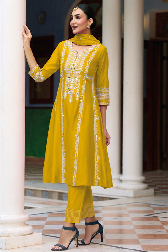 Art Silk Yellow Embroidered Function Wear Salwar Suit