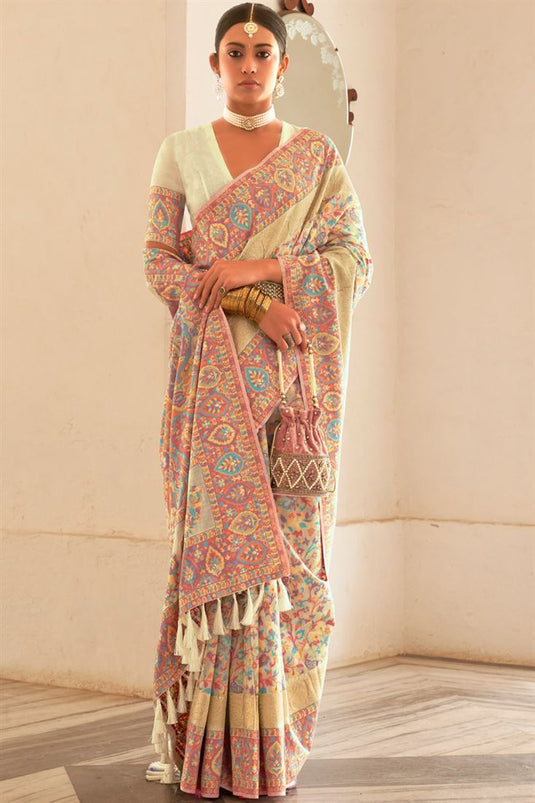 Cream White Woven Banarasi Kashmiri Pashmina Saree