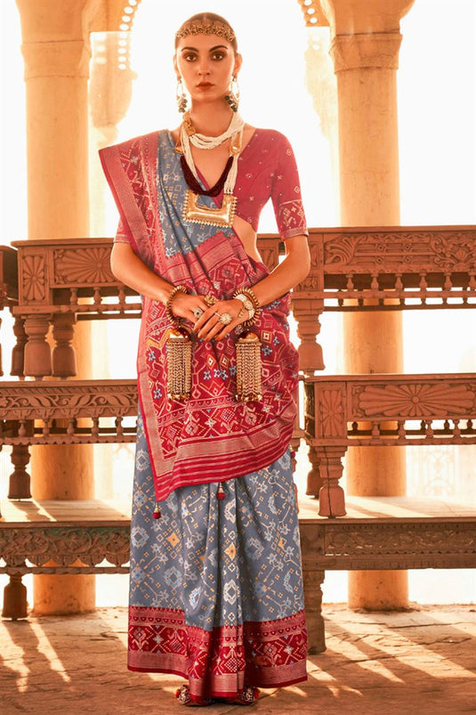 Silk Patola Print Traditional Saree In Grey And Rust