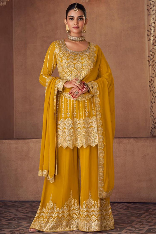 Mustard Color Embroidered Stylish Sharara Suit