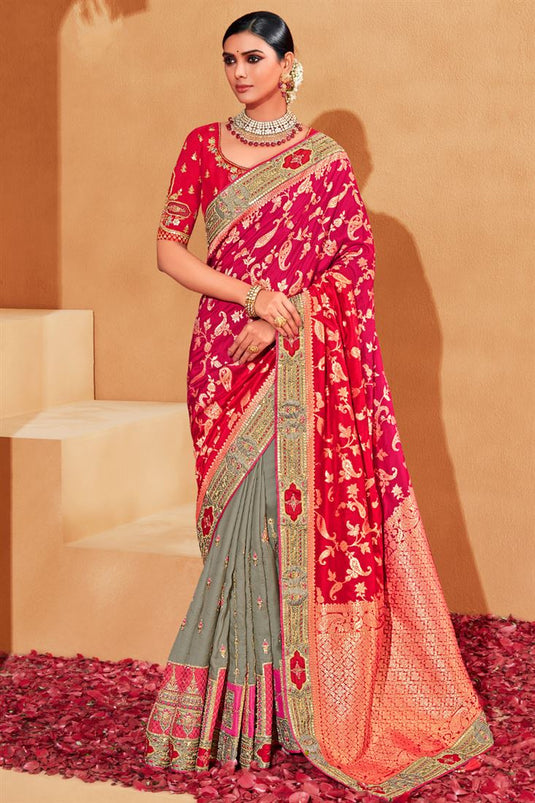Fashionable Multi Color Embroidered Designs Silk Saree