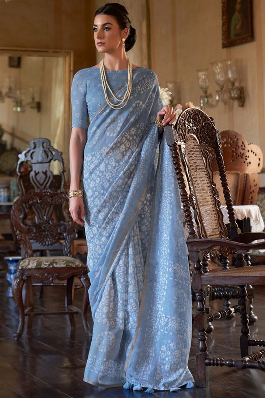 Classic Saree Printed Cotton In Aqua Blue