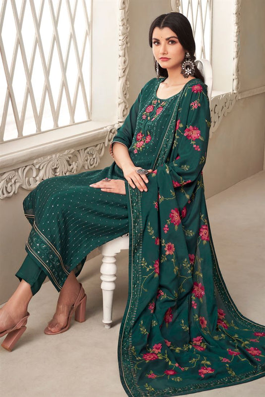 Stylish Dark Green Chinon Salwar Suit with Sequins Detailing