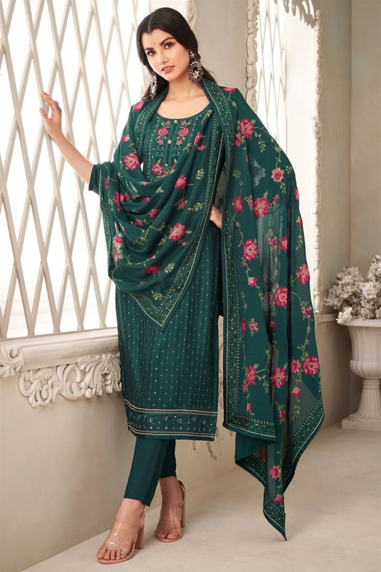 Stylish Dark Green Chinon Salwar Suit with Sequins Detailing