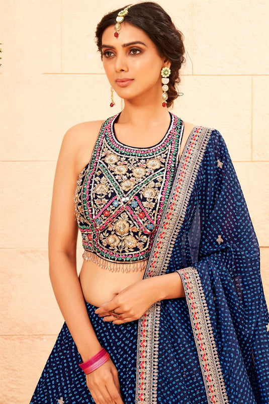 Georgette Fabric Blue Color Enticing Readymade Lehenga