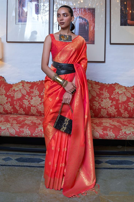 Weaving Work On Captivating Art Silk Fabric Party Look Saree In Orange Color
