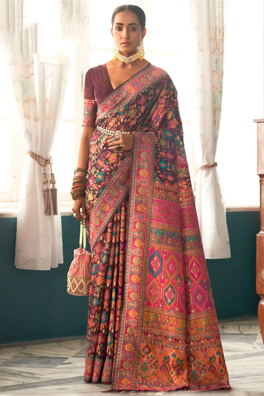 Function Look Classic Pashmina Saree In Burgundy Color