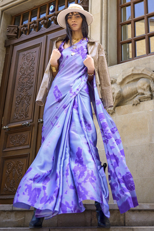 Engaging Purple Color Satin Casual Saree With Printed Work