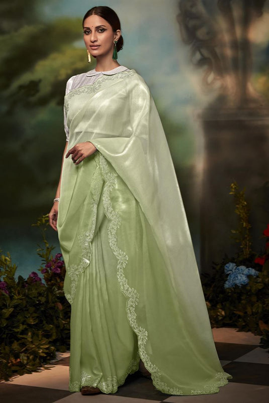 Fancy Work Party Style Vivacious Art Silk Saree In Sea Green Color