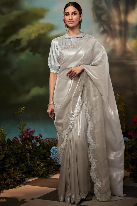 Fancy Work Party Style Mesmeric Art Silk Saree In Beige Color