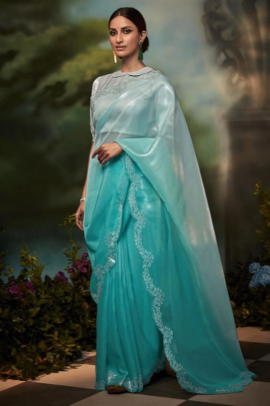 Sky Blue Color Party Style Fancy Work Charismatic Art Silk Saree
