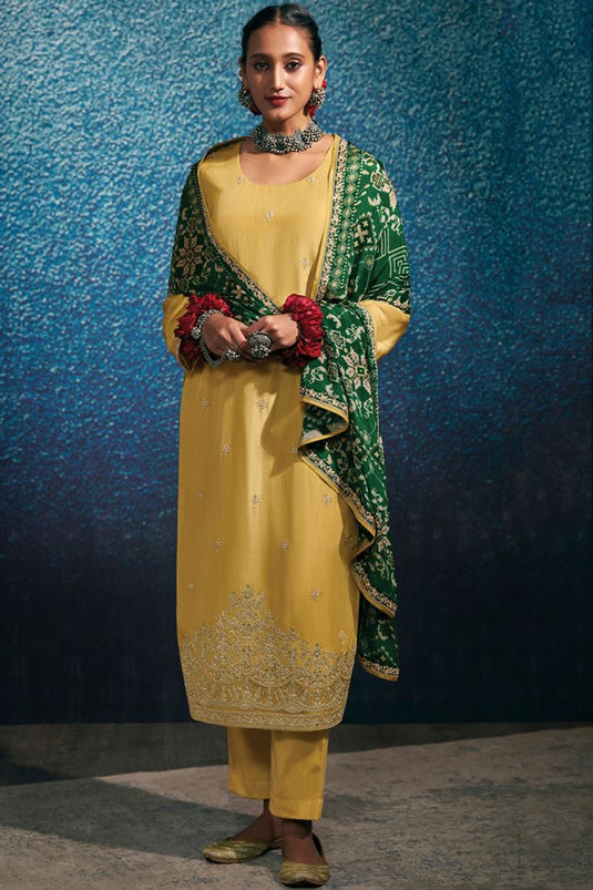 Art Silk Fabric Yellow Color Winsome Festive Look Salwar Suit