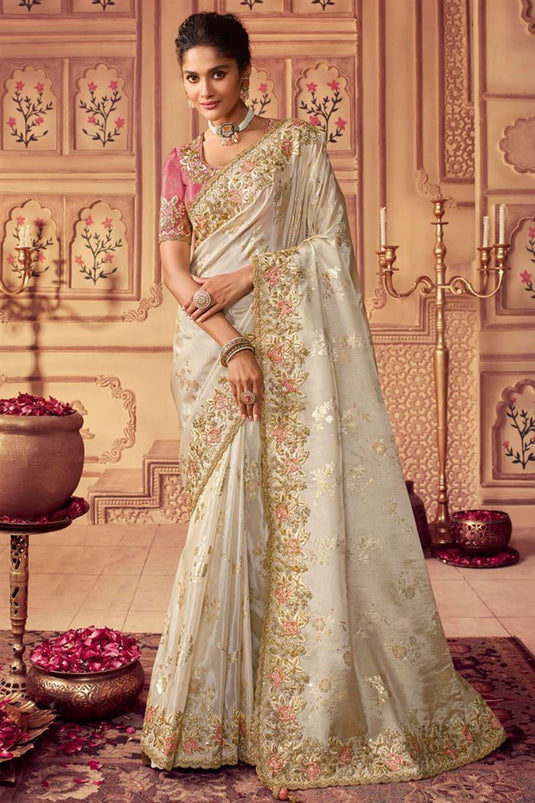 Sushrii Mishraa Off White Color Delicate Georgette Fabric Party Style Saree
