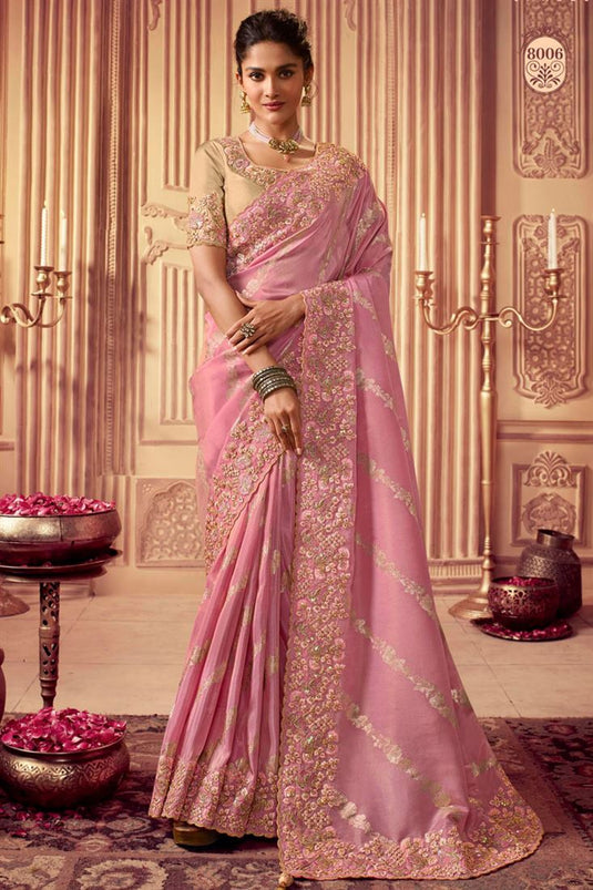 Sushrii Mishraa Pink Color Supreme Georgette Fabric Party Style Saree